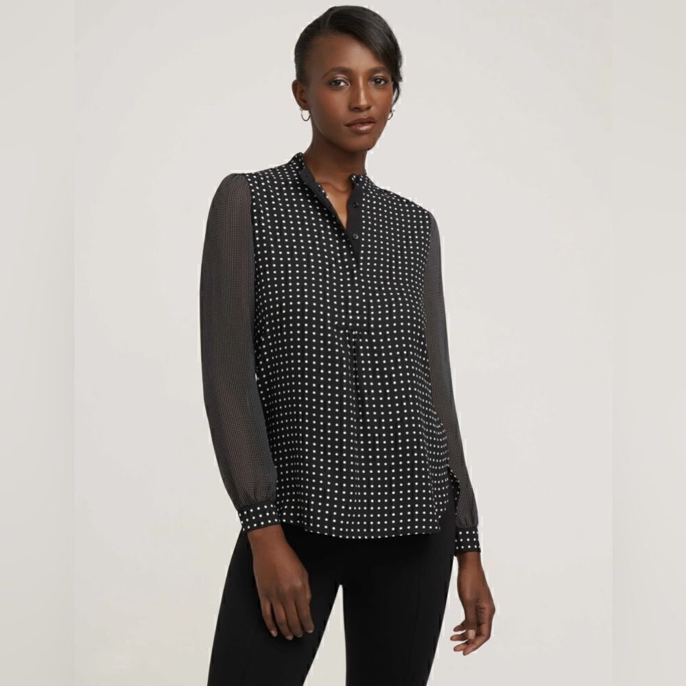 Anne Klein mixed polka dot print black white blouse career casual spring size S